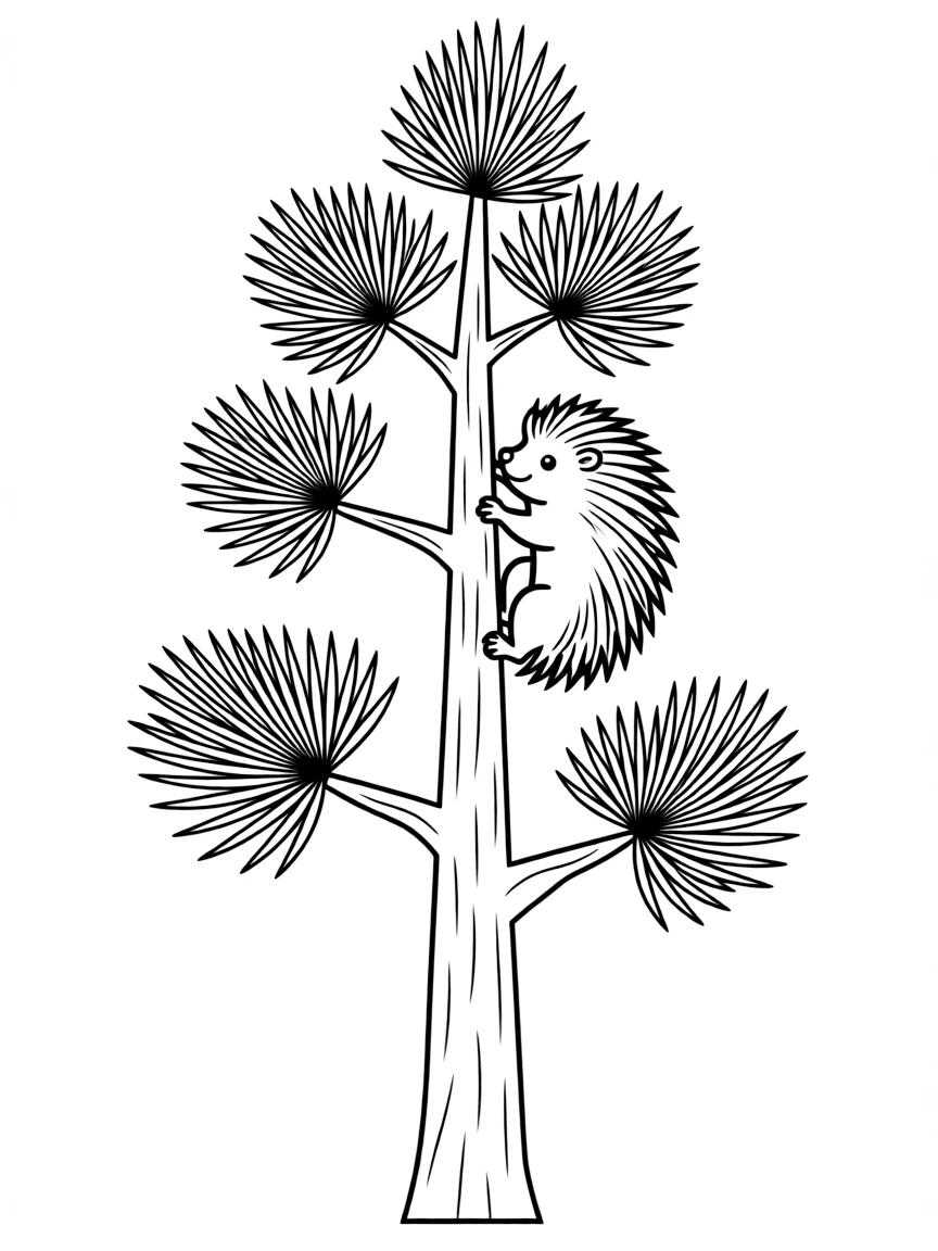A climbing porcupine in a tall pine tree