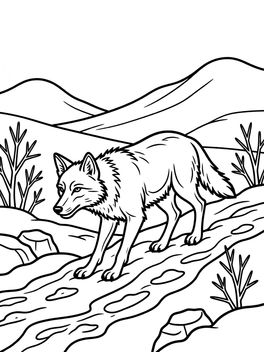 A prowling mountain coyote in snowy terrain