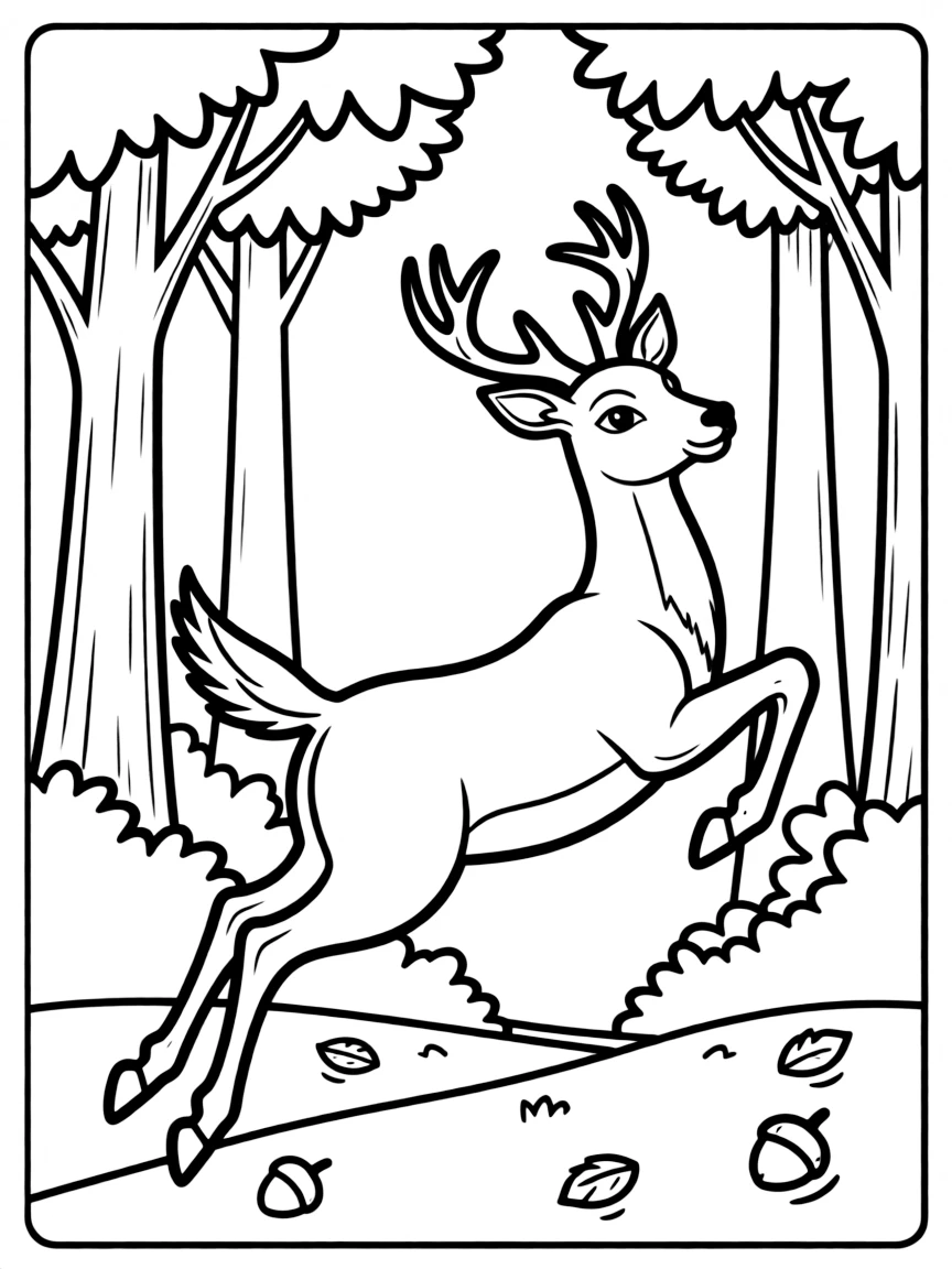 A leaping white-tailed deer through forest