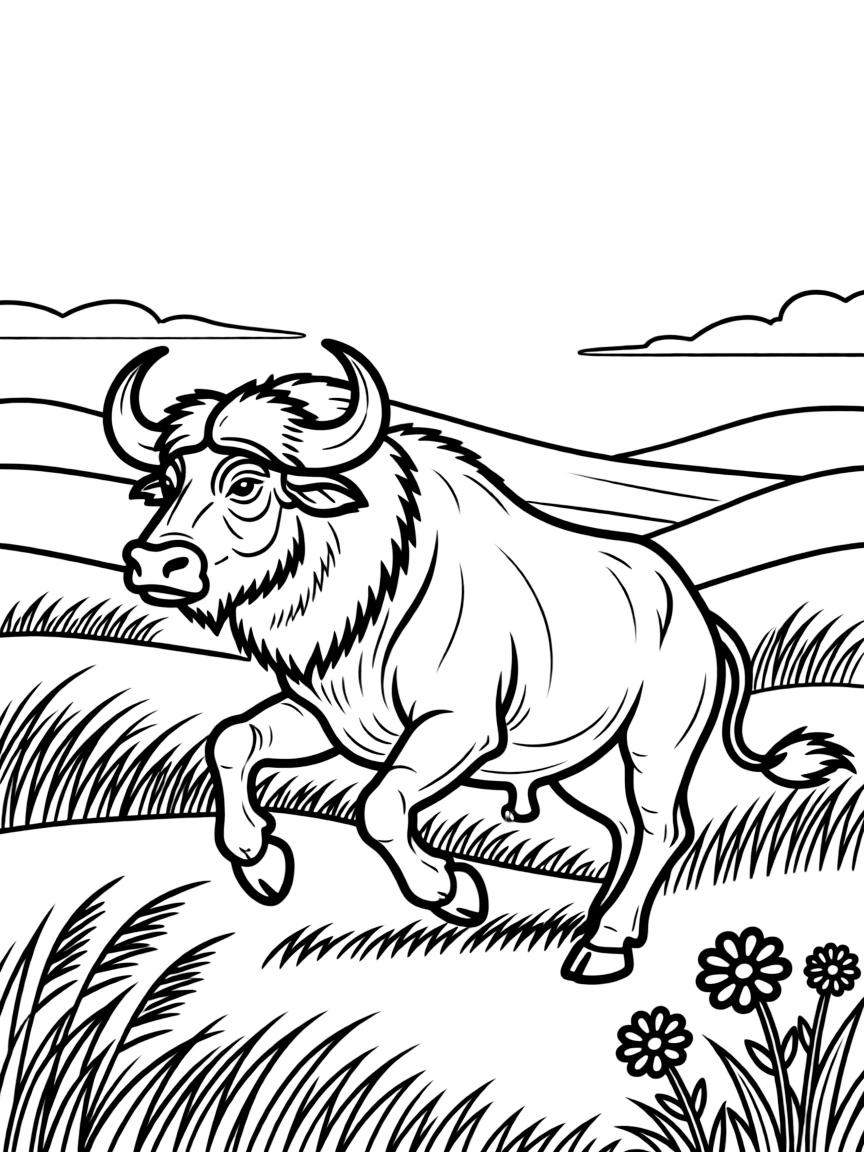 A charging wild buffalo across prairie