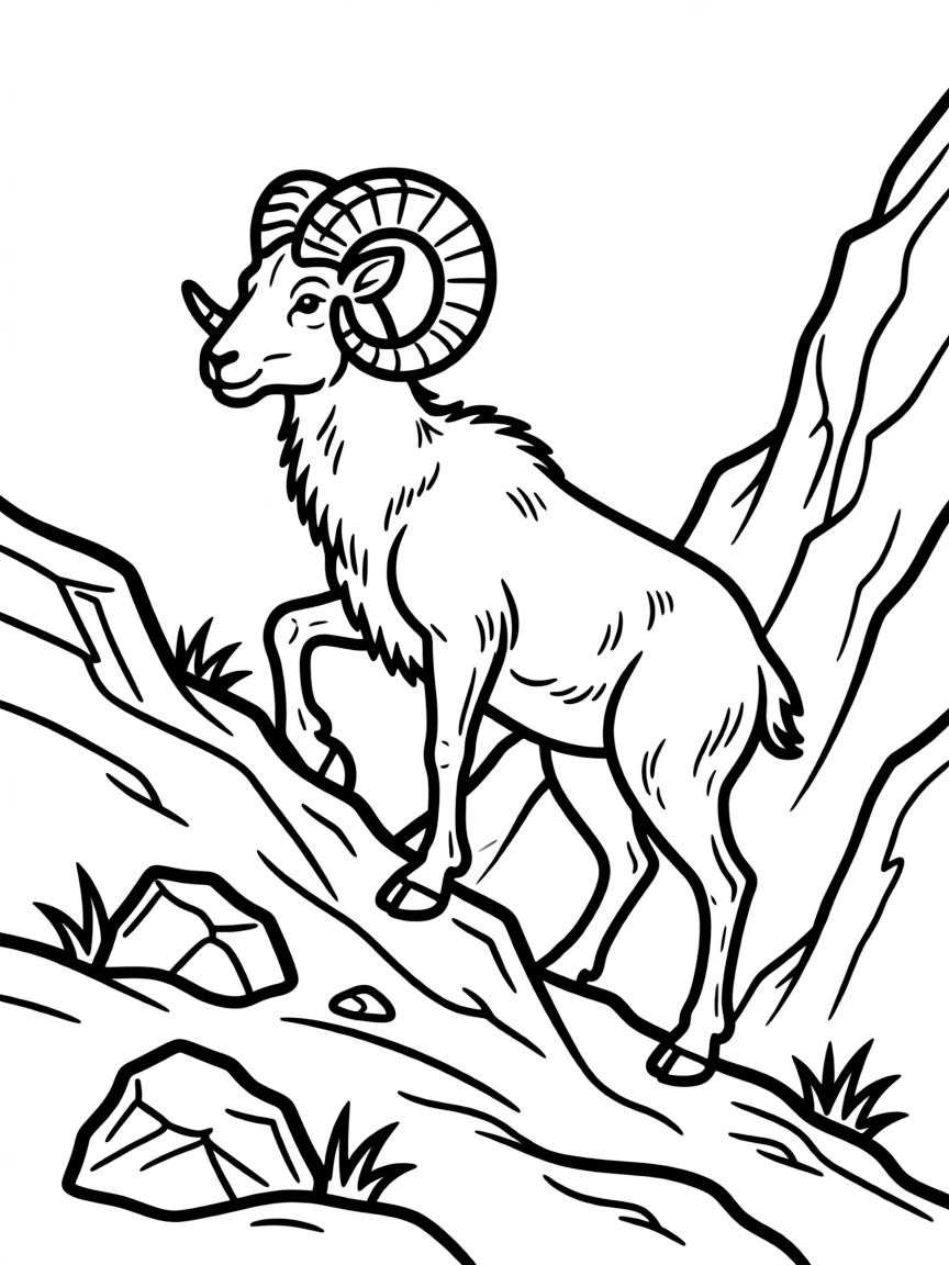 A climbing bighorn sheep on mountain peaks