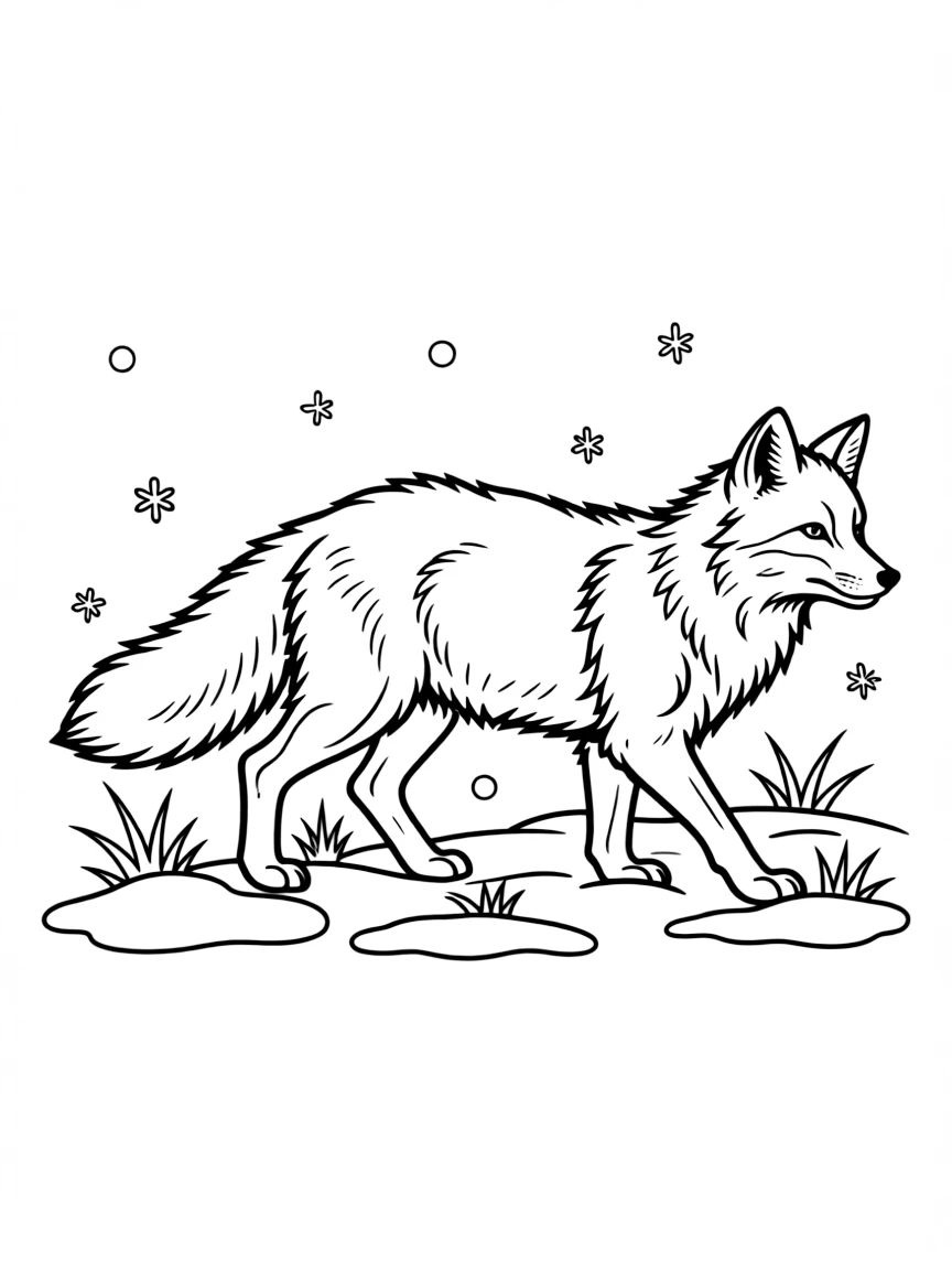 A stalking arctic fox in white winter coat