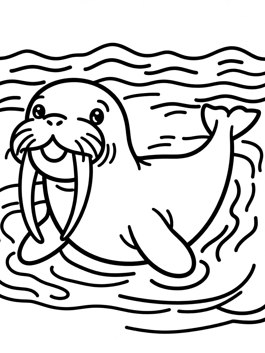 A swimming walrus with long tusks