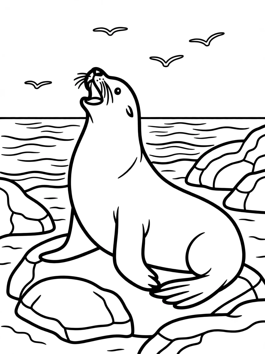 A barking sea lion on rocky coastline