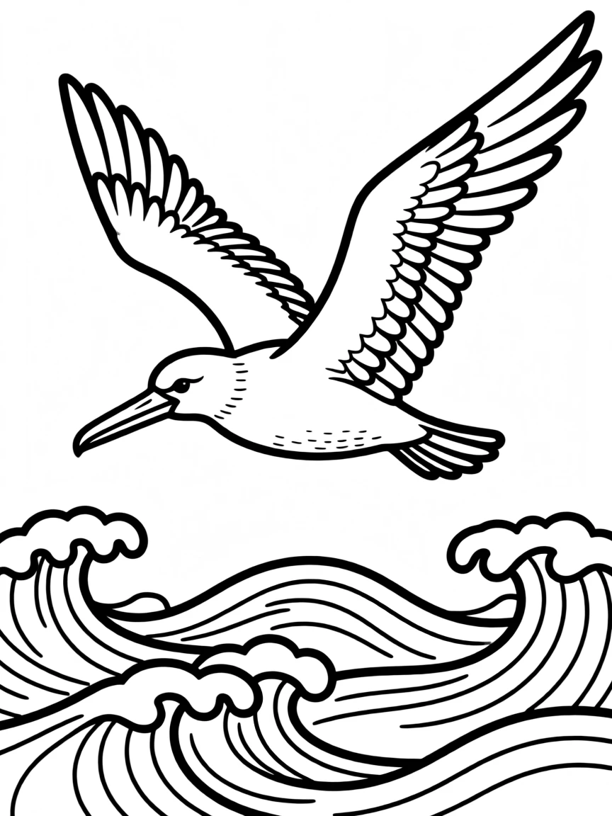 A flying albatross over ocean waves