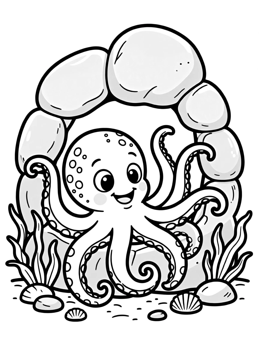 A tentacled octopus hiding in rock crevice