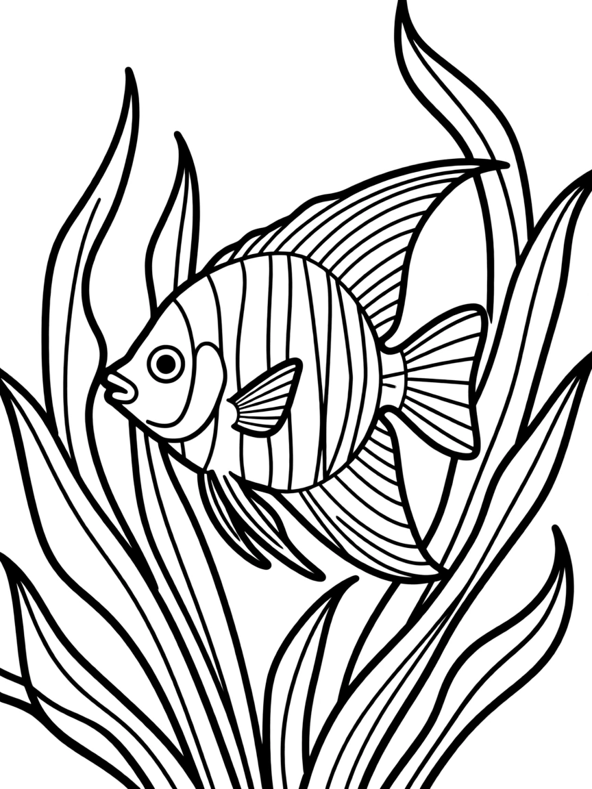 A striped angelfish swimming through kelp