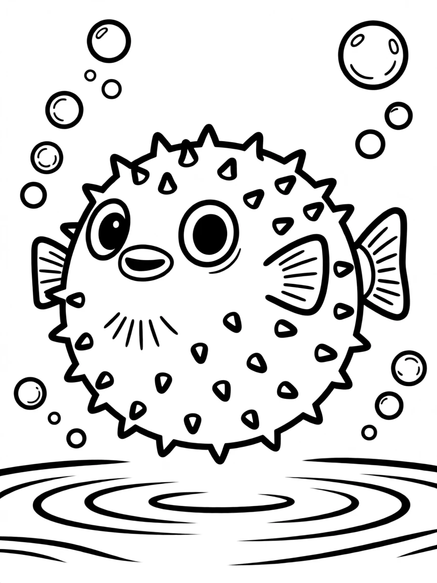 A puffed-up pufferfish floating defensively