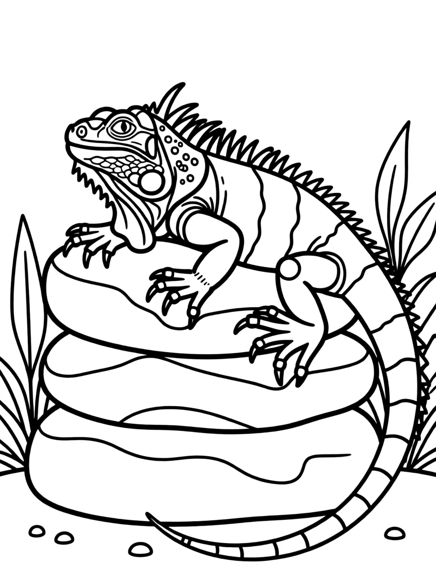 A sunbathing iguana on hot rocks