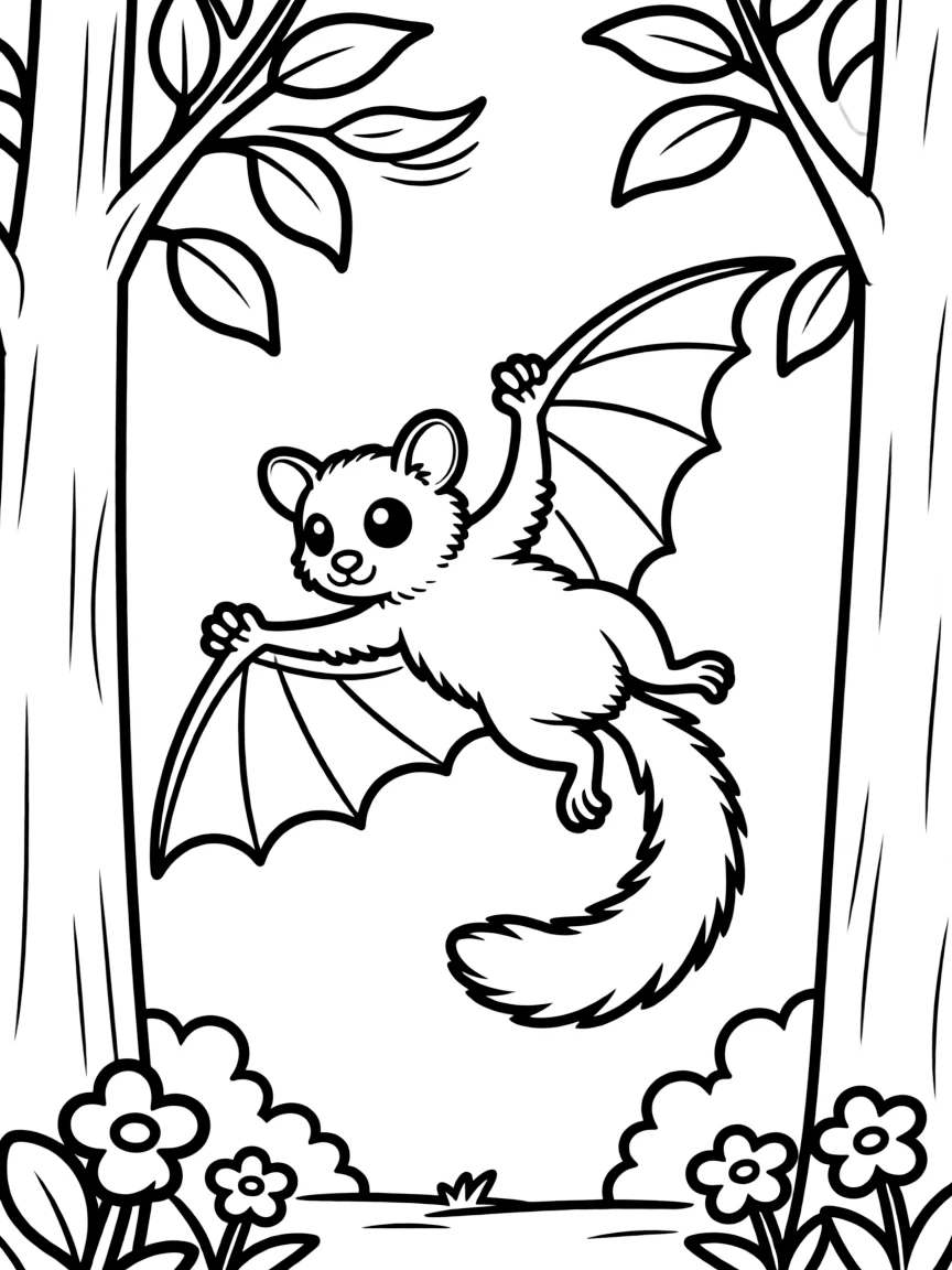 A gliding sugar glider between trees