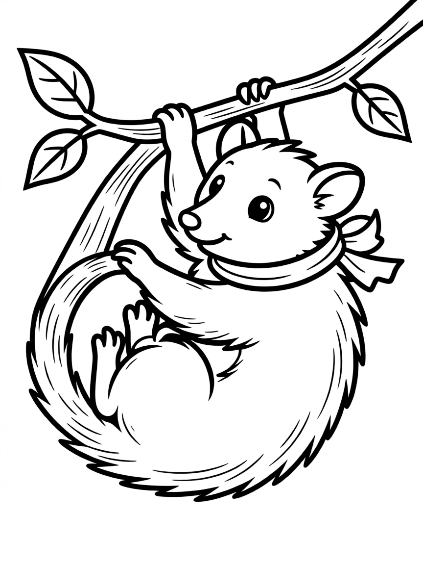 A nocturnal opossum hanging by its tail