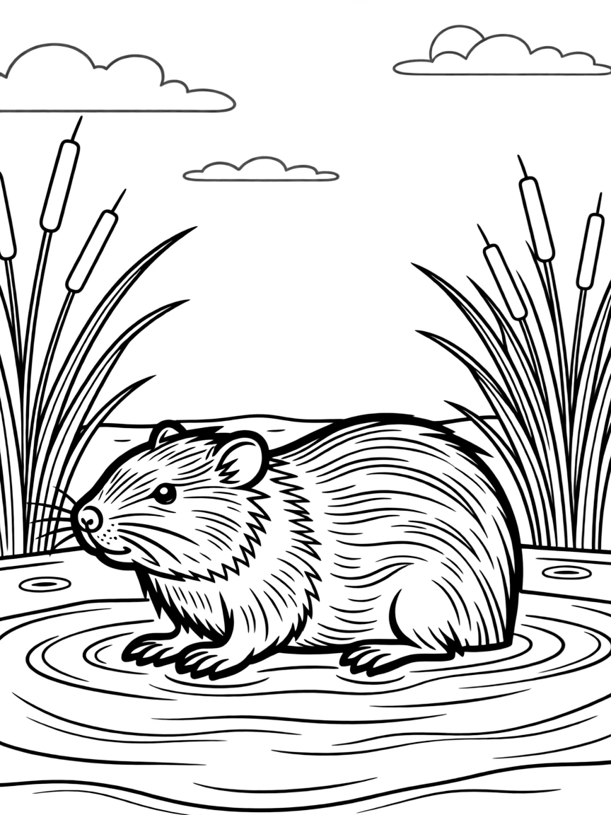A swimming muskrat in marsh waters