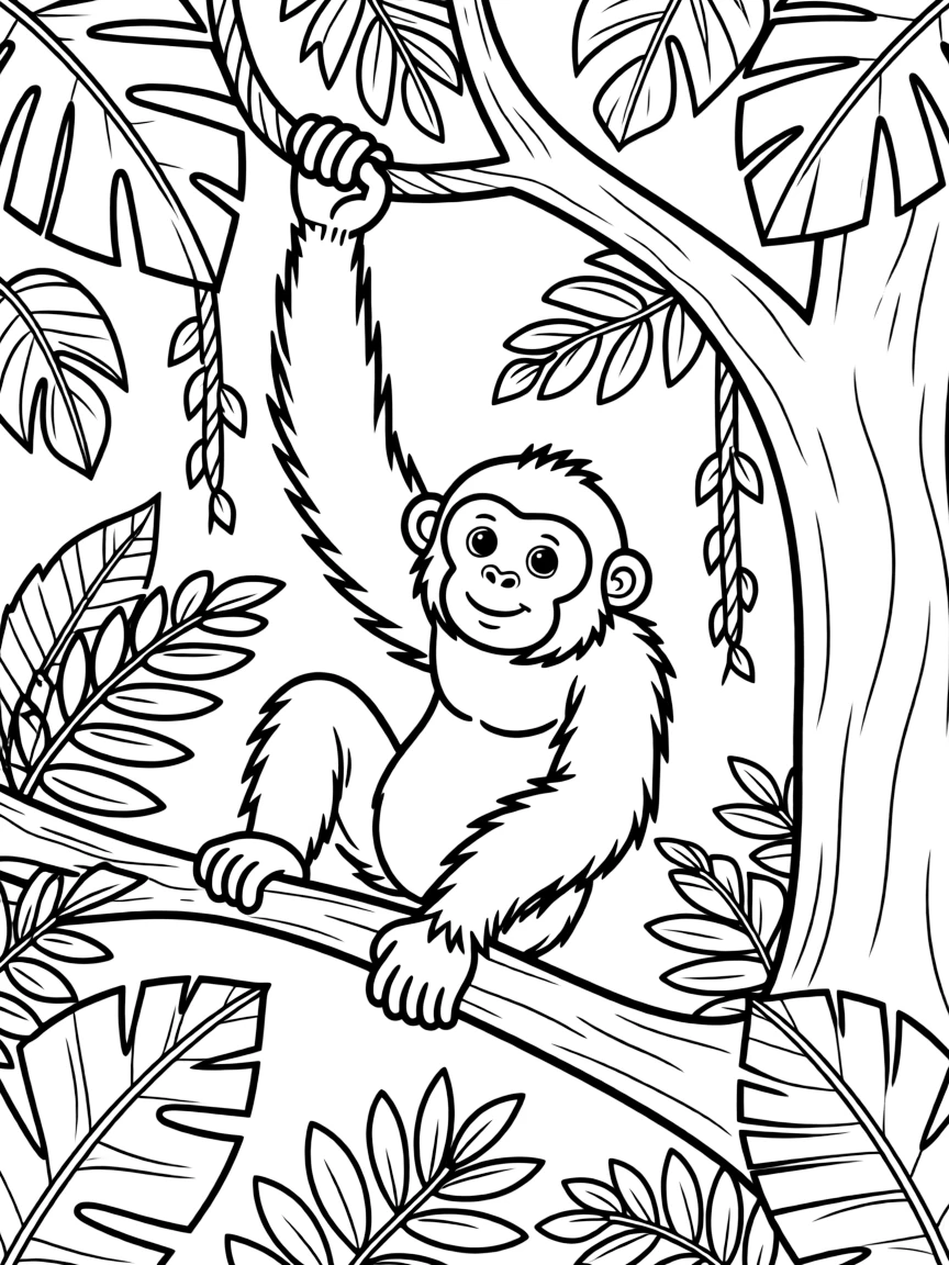 A climbing orangutan in jungle canopy