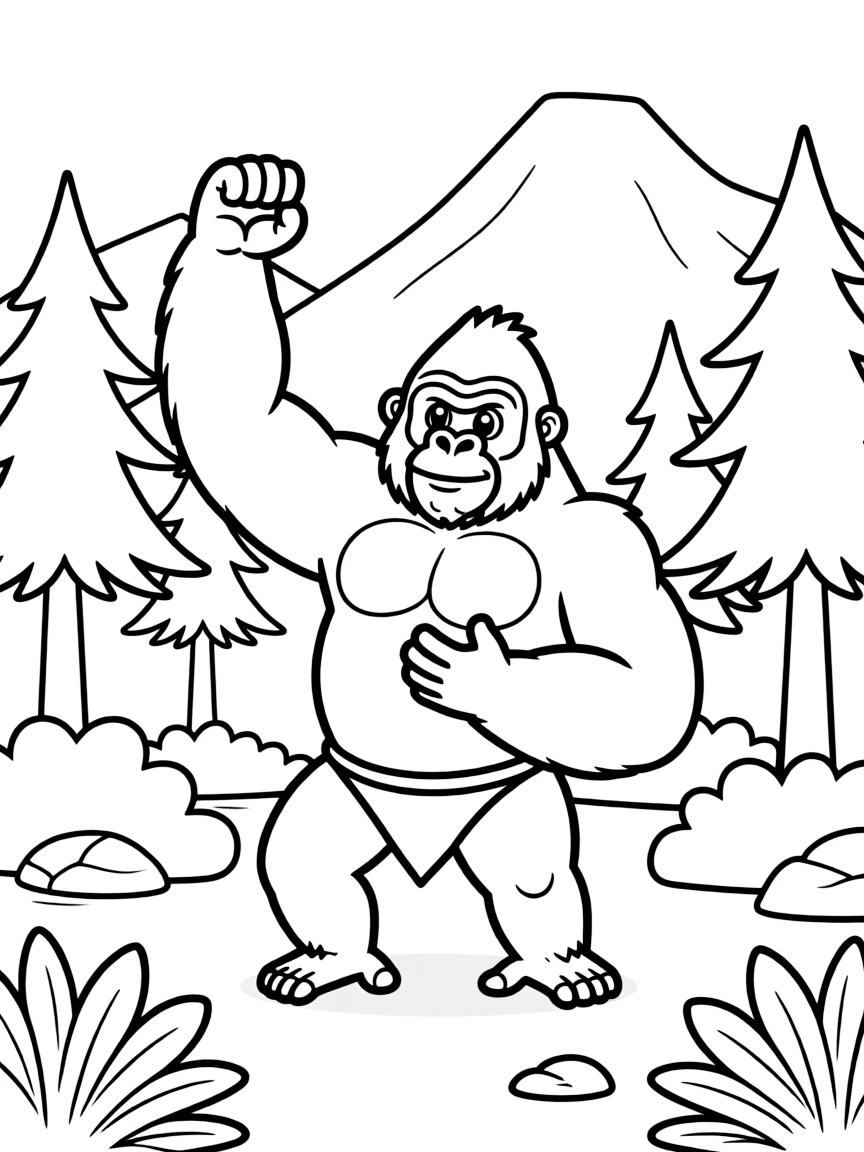 A chest-beating gorilla in mountain forest