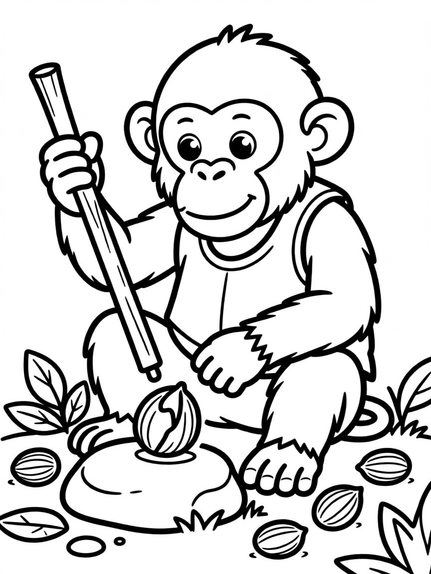 A tool-using chimpanzee cracking nuts