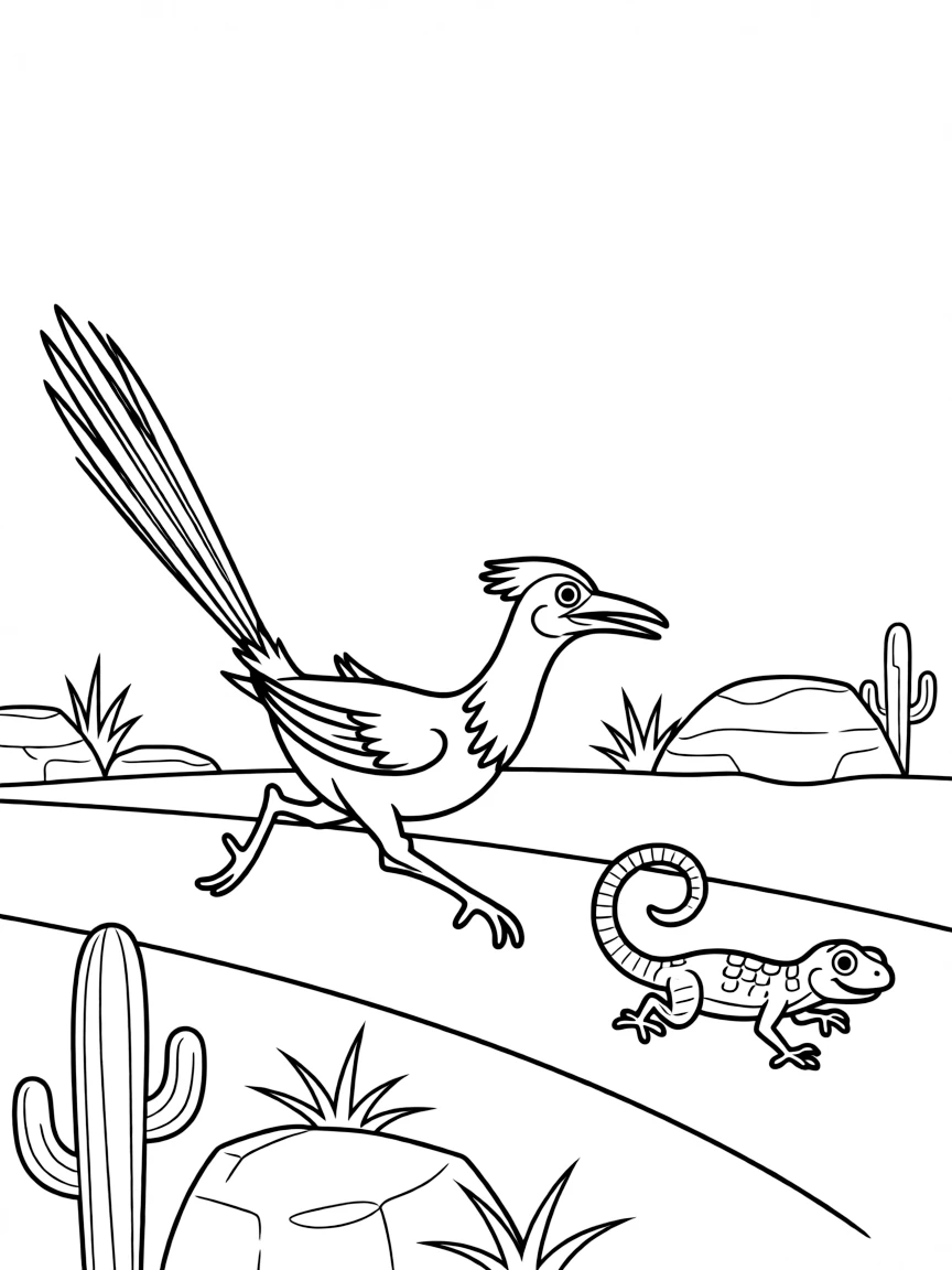 A running roadrunner chasing lizard