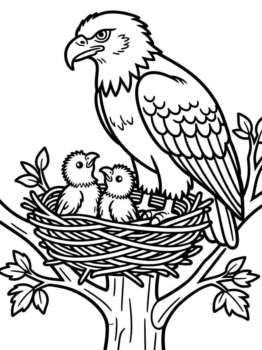 A nesting bald eagle with eaglets