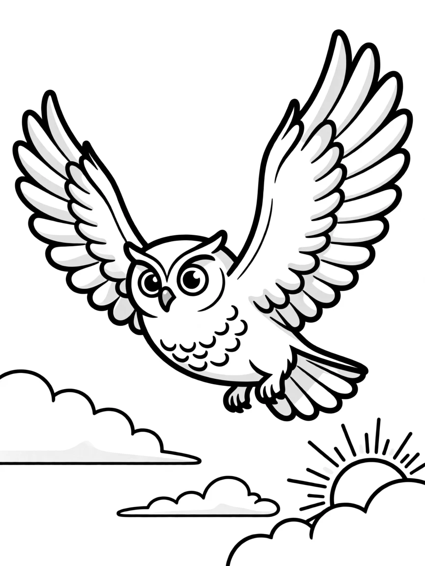 A flying snowy owl in daylight