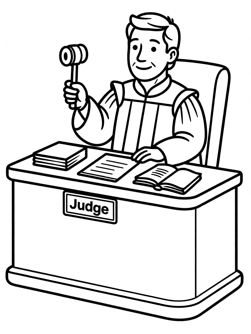 A judge sitting at a big desk holding a gavel