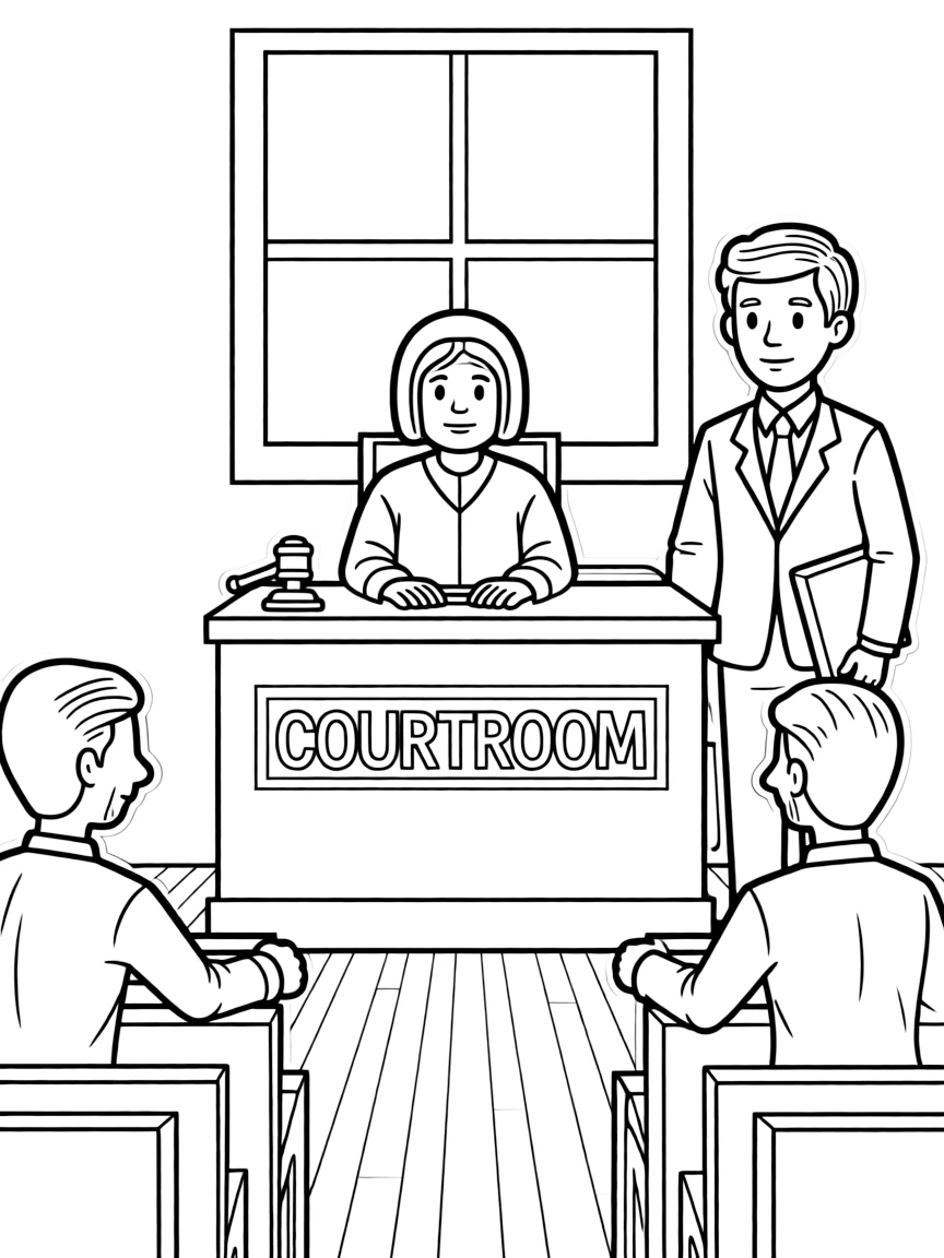 A courtroom scene with a judge, lawyer, and people watching