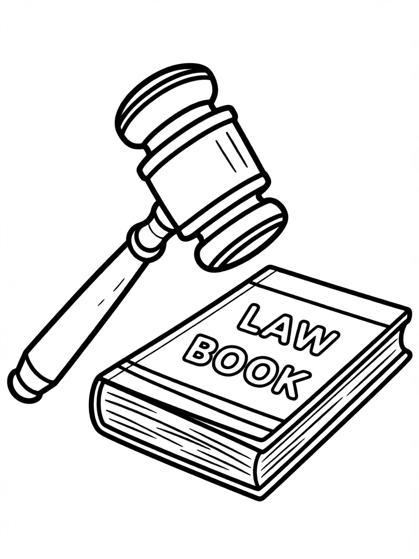 A cartoon gavel and law book side by side