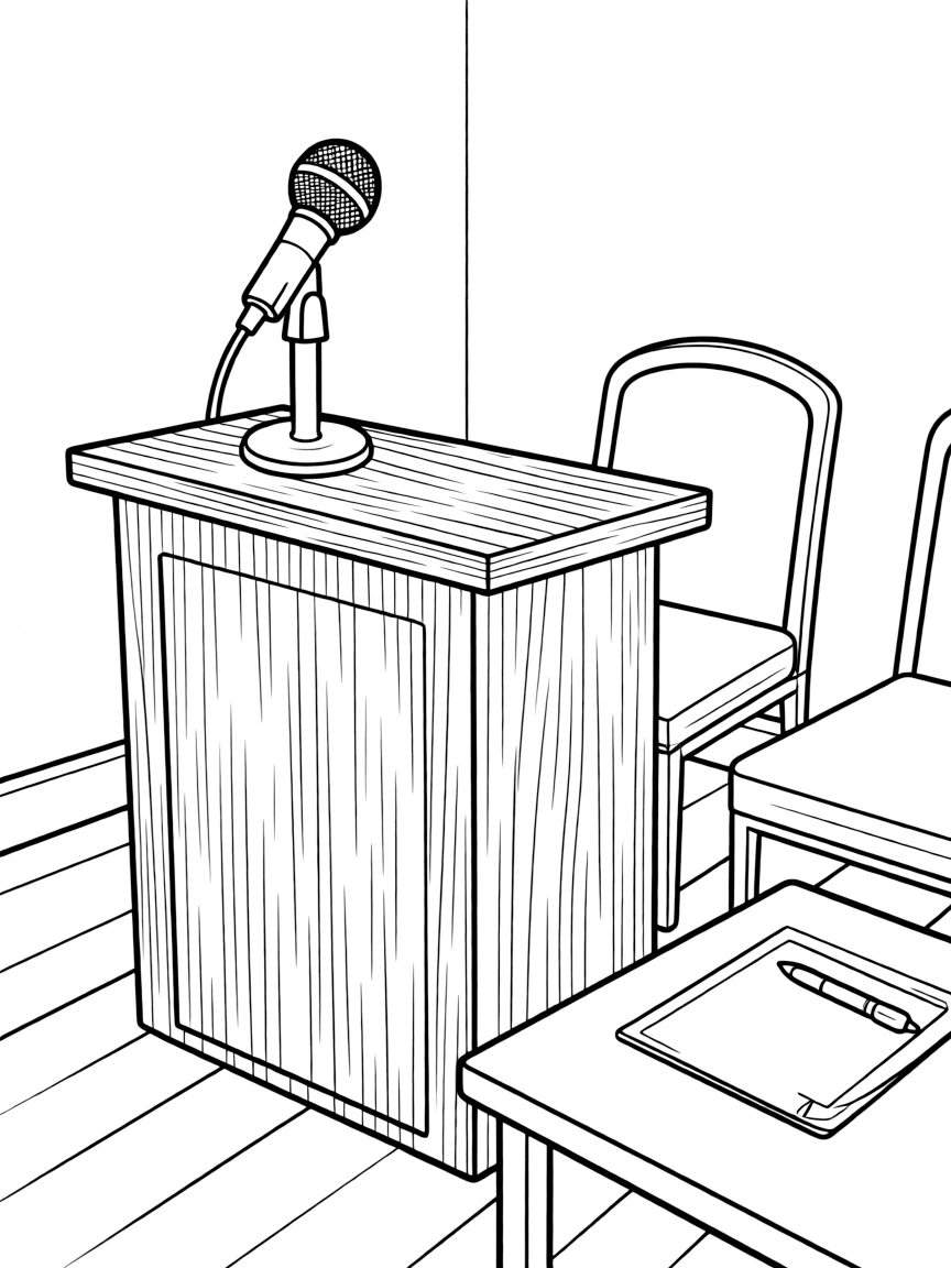 A courtroom witness stand with a microphone