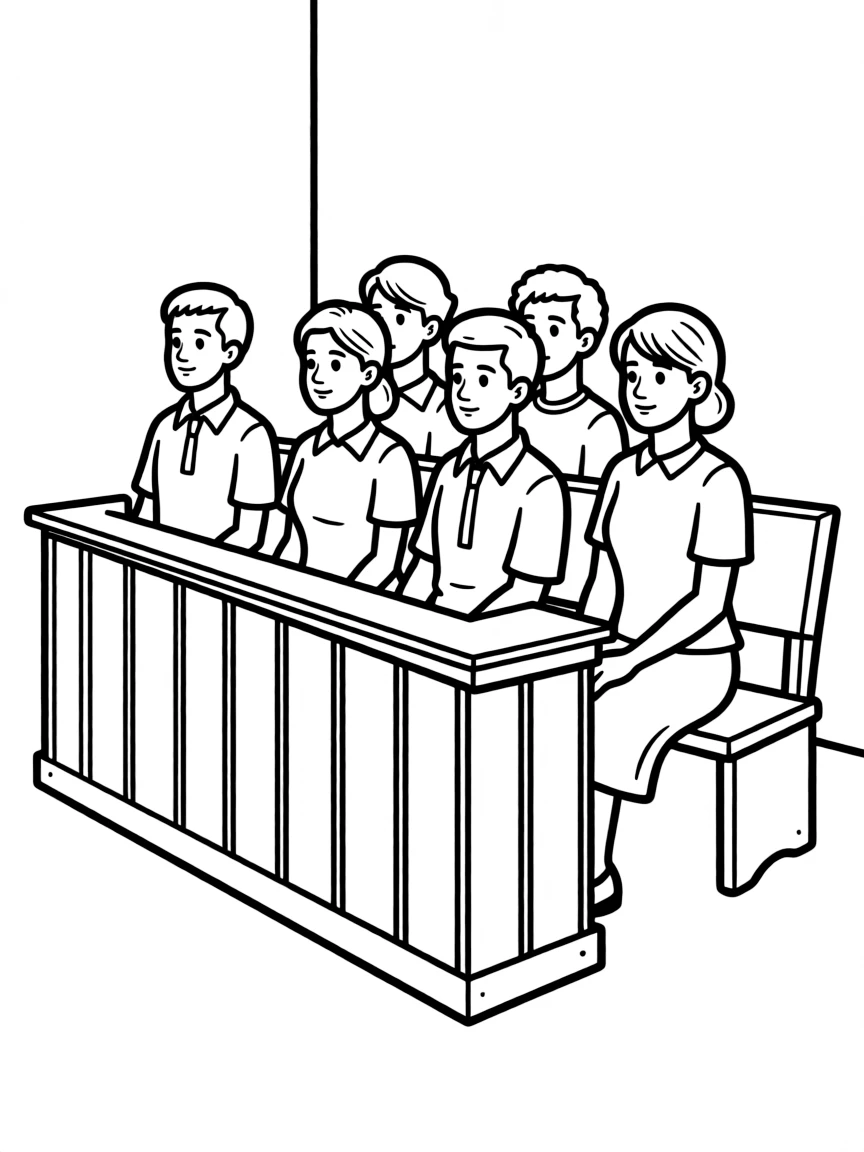 A courtroom jury box with people sitting and listening