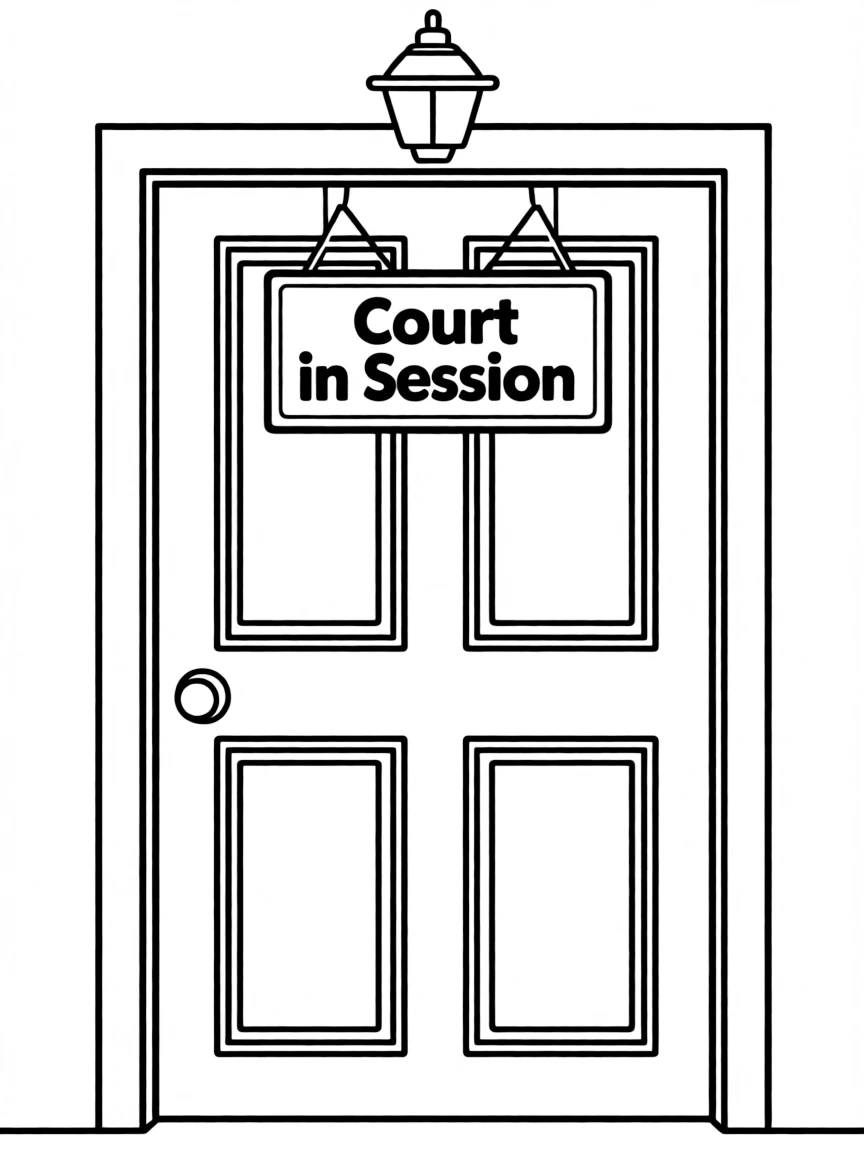 A courtroom door with a sign that says “Court in Session”
