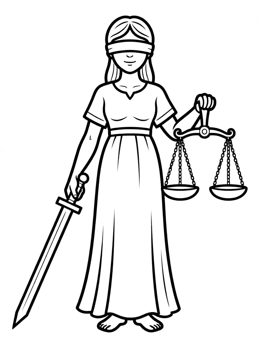 A cartoon of Lady Justice holding a sword and scales