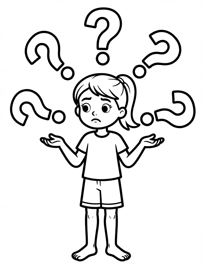 A confused girl with question marks circling head