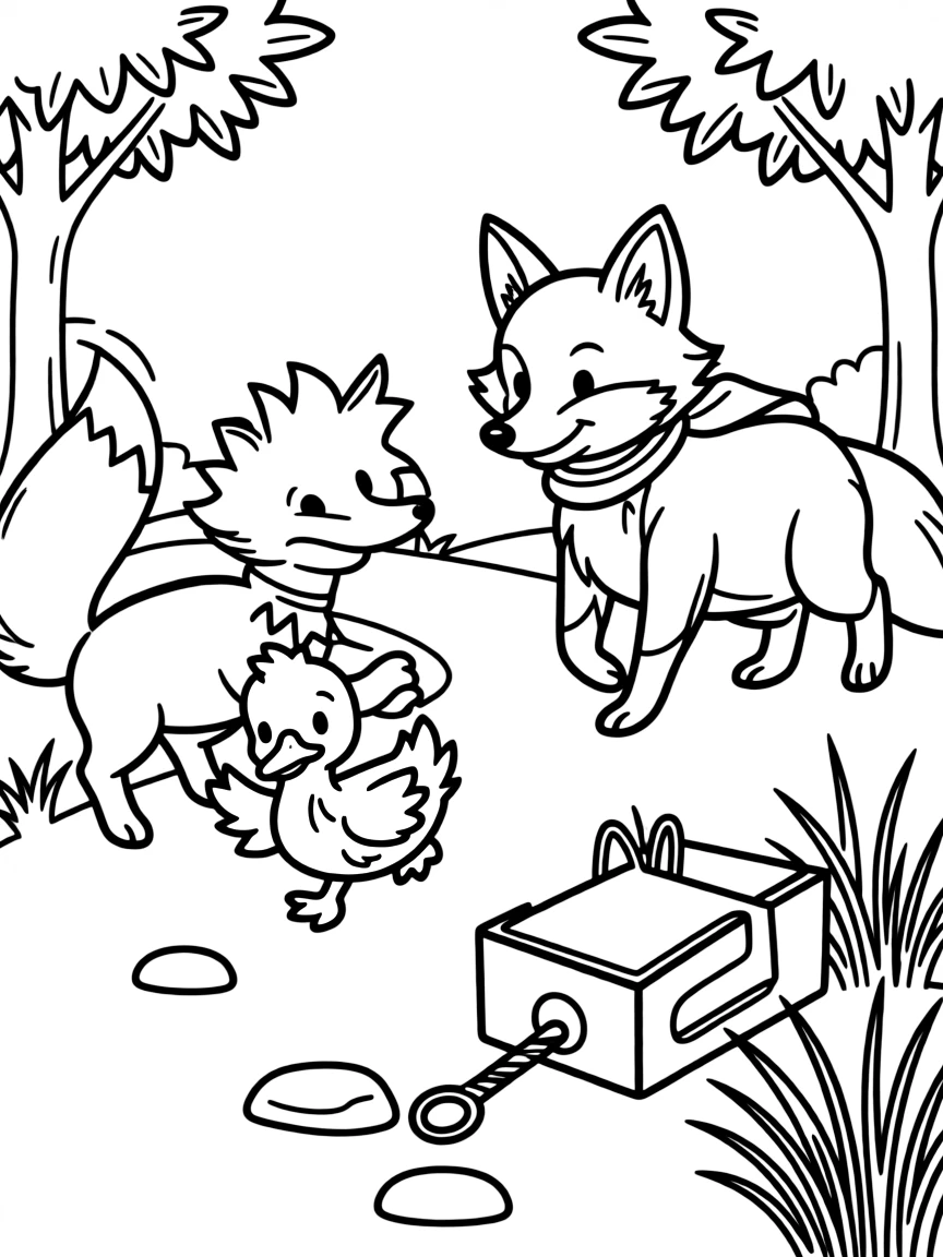 (betray) A fox helping a lost duckling, but leading it toward a hunter's trap.