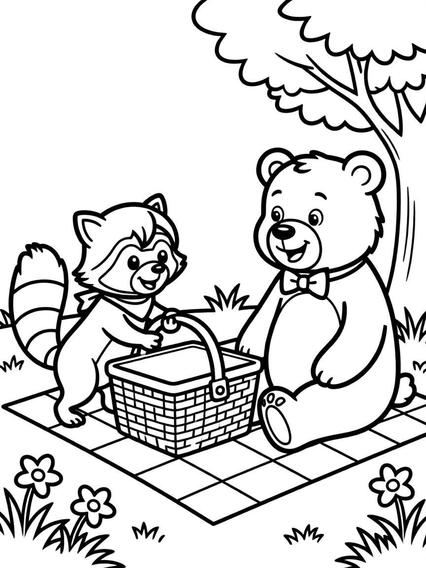 (betray) A raccoon pretending to be friends with a bear, while sneaking away with the bear’s picnic basket.