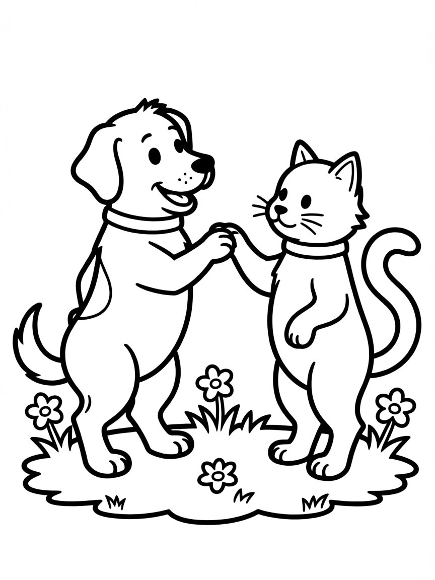 (betray) A dog and a cat shaking paws, but the cat has its tail crossed behind its back.