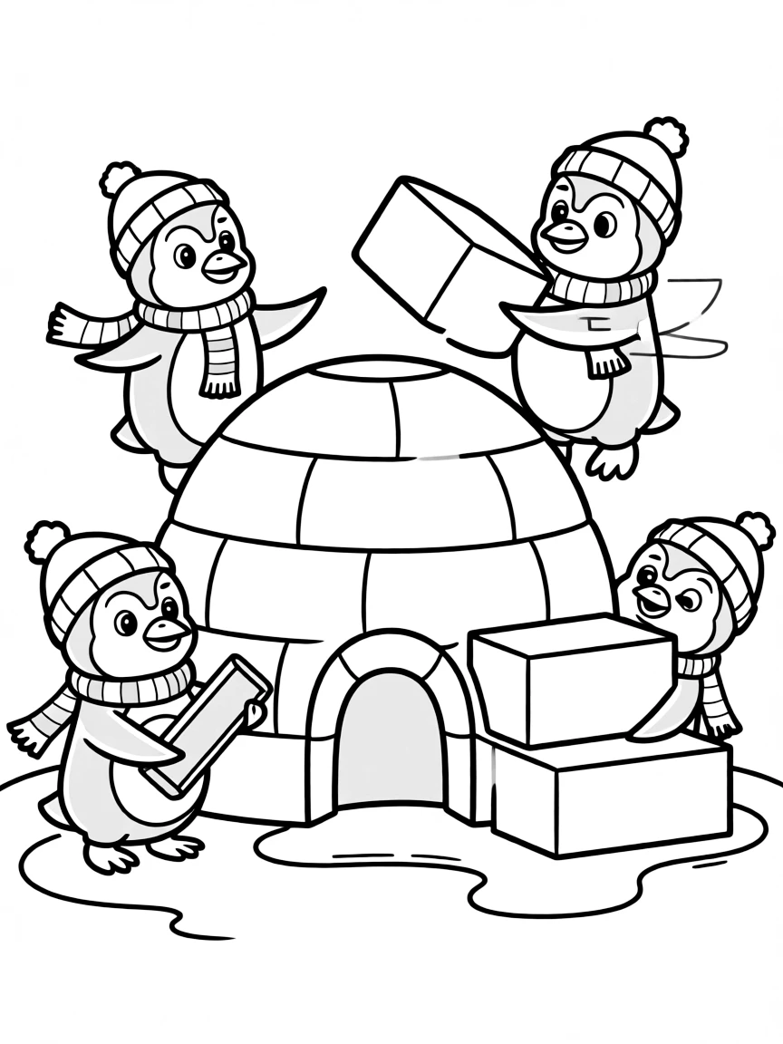 (betray) A penguin team working on an igloo, with one penguin hiding the last ice block.
