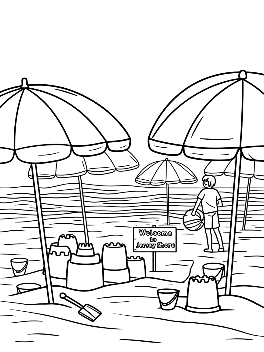 (New Jersey) A classic Jersey Shore beach scene with umbrellas and sandcastles