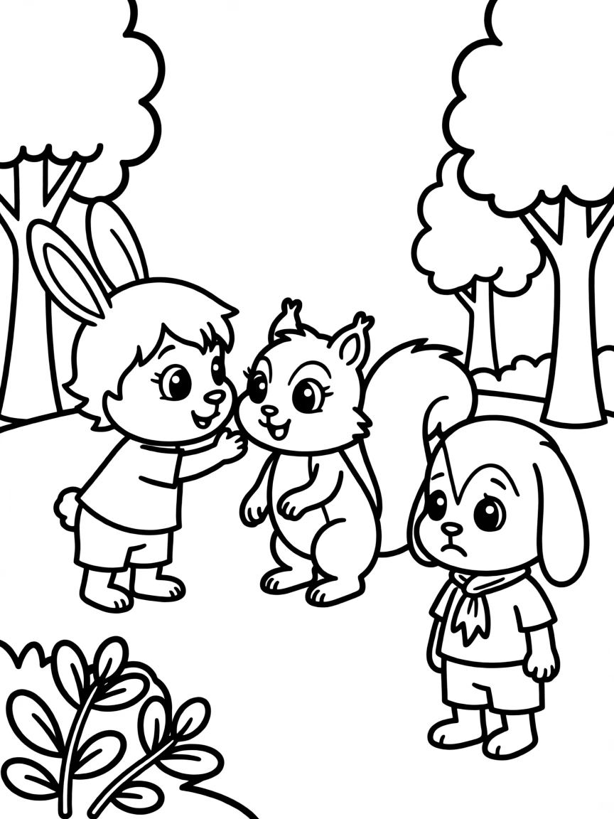 (betray) A bunny sharing a secret with a squirrel, while another bunny overhears and looks sad.