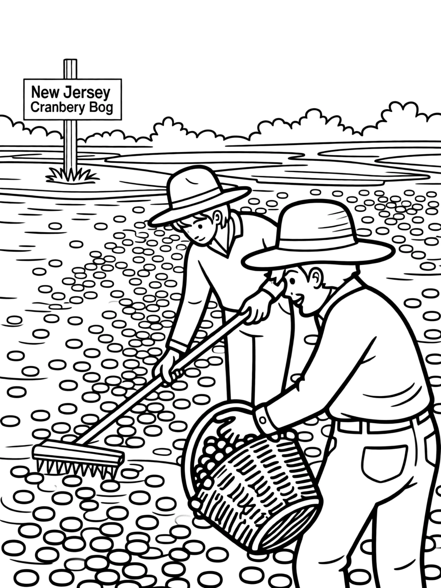 (New Jersey) A cranberry bog with workers harvesting