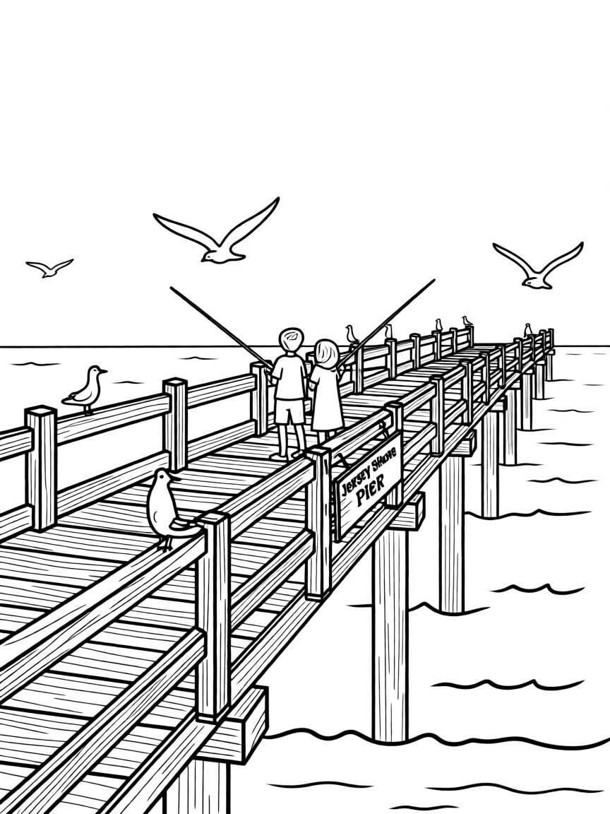 (New Jersey) A Jersey Shore fishing pier with seagulls