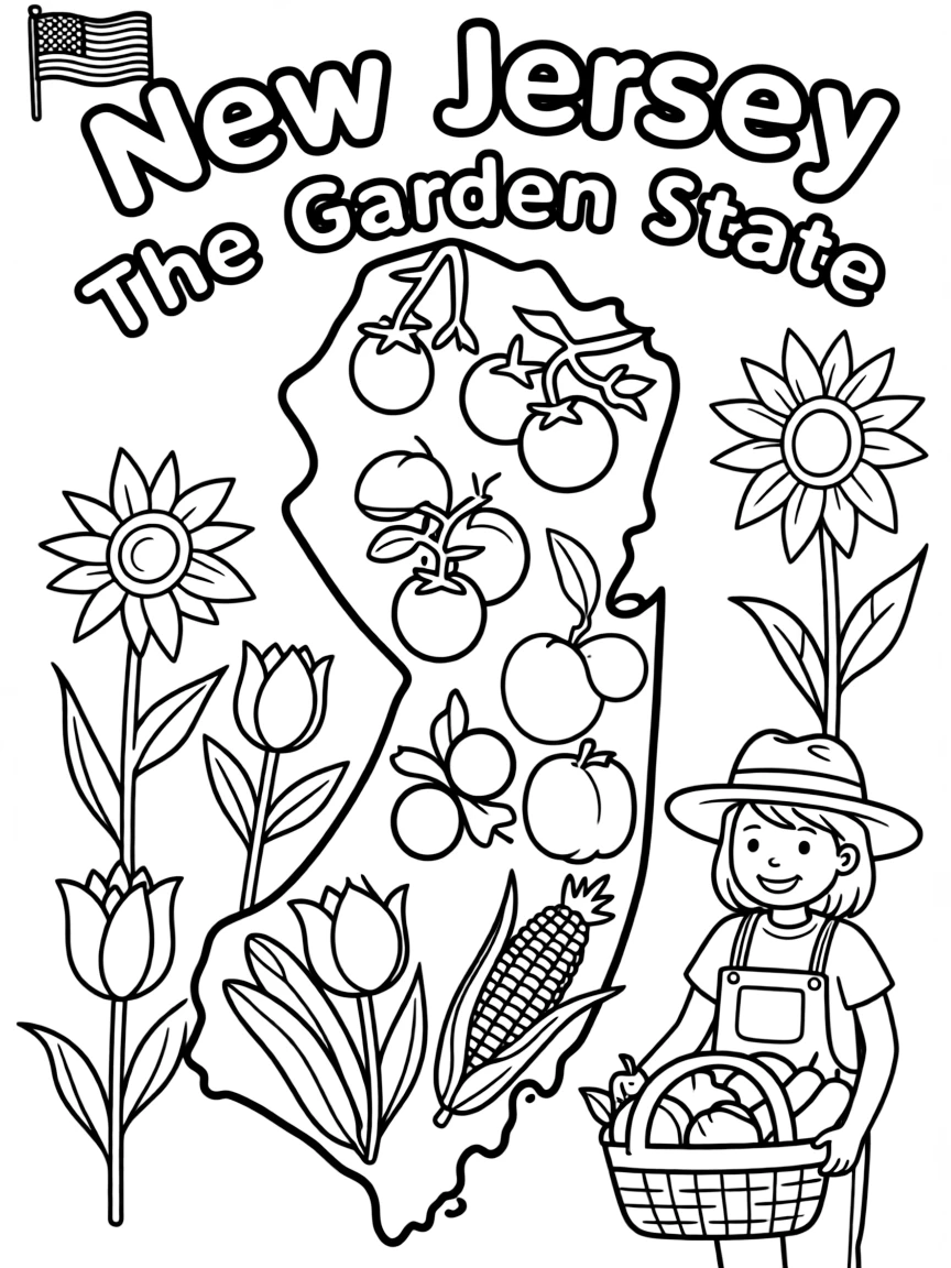 (New Jersey) The Garden State with flowers, fruits, and vegetables representing New Jersey's agriculture