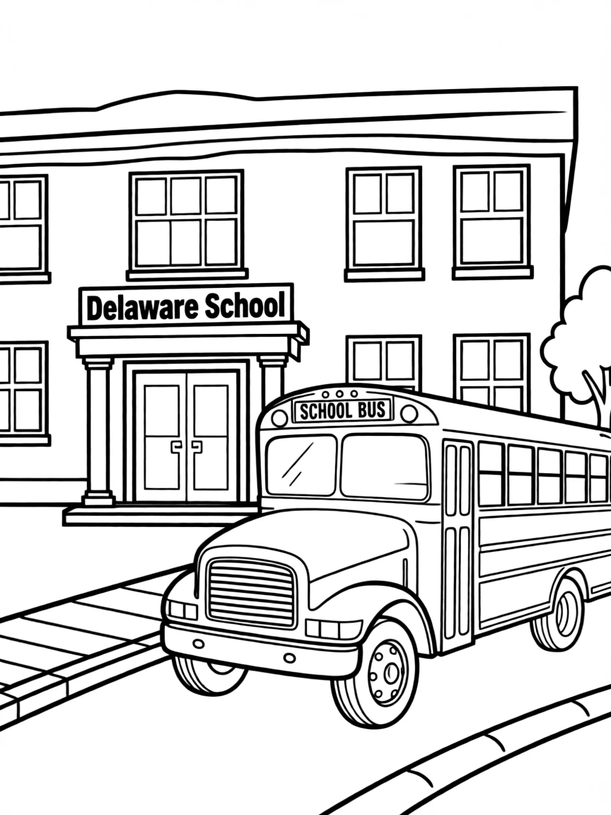 (Delaware) A school bus driving past a Delaware school