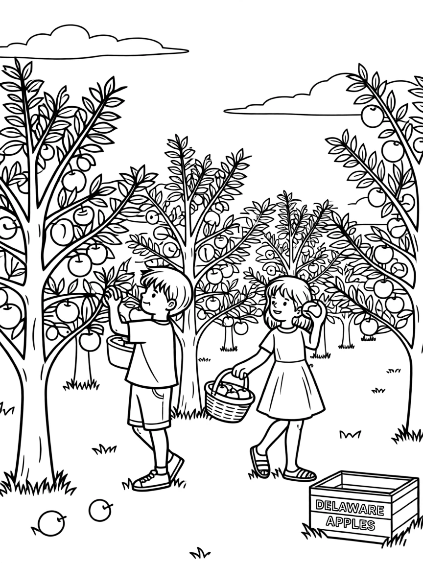 (Delaware) Kids picking apples in a Delaware orchard