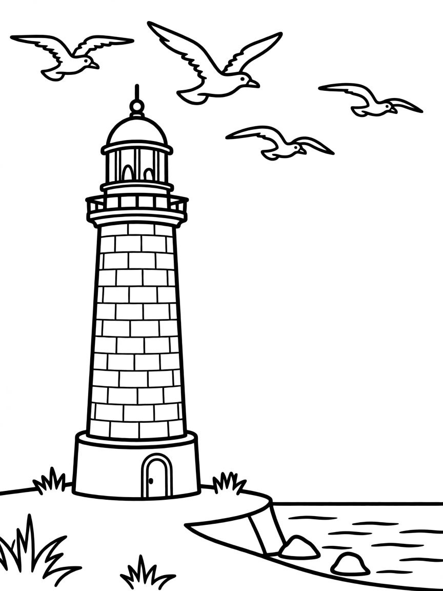 (Delaware) A lighthouse with seagulls flying above