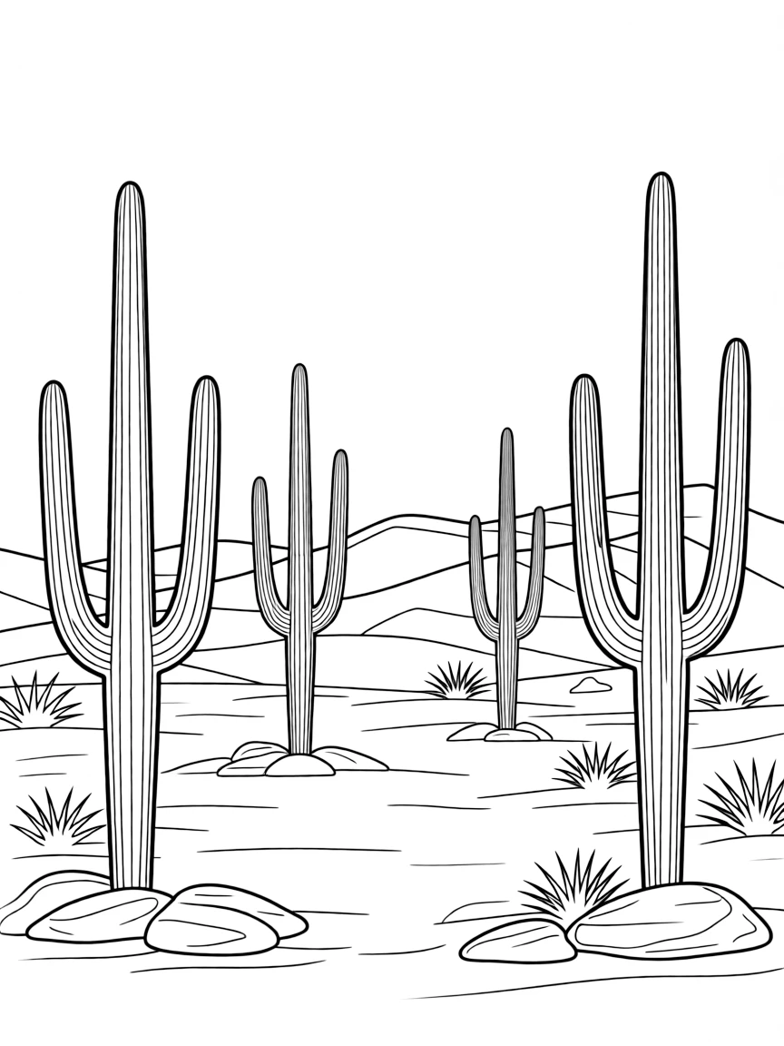 (Arizona) A desert landscape with cactus and rocks