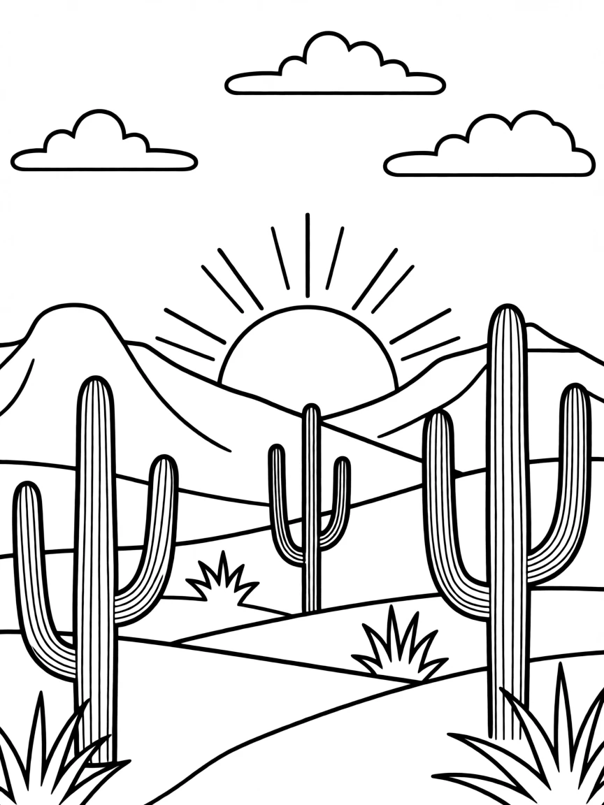 (Arizona) A desert sunset with mountains and cacti
