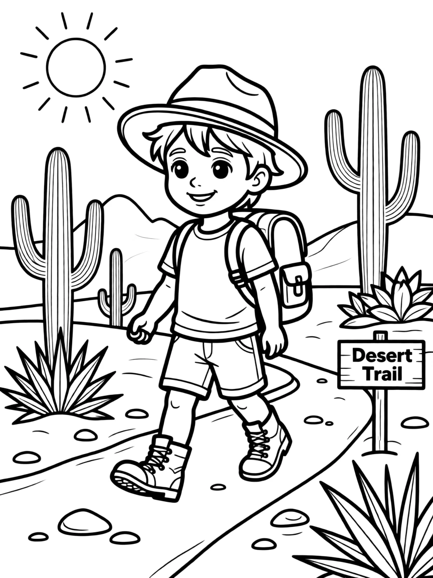 (Arizona) A kid hiking on a desert trail