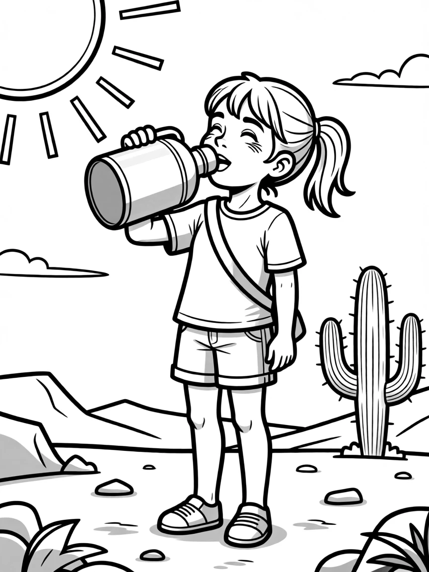 (Arizona) A girl drinking water from a canteen in the heat