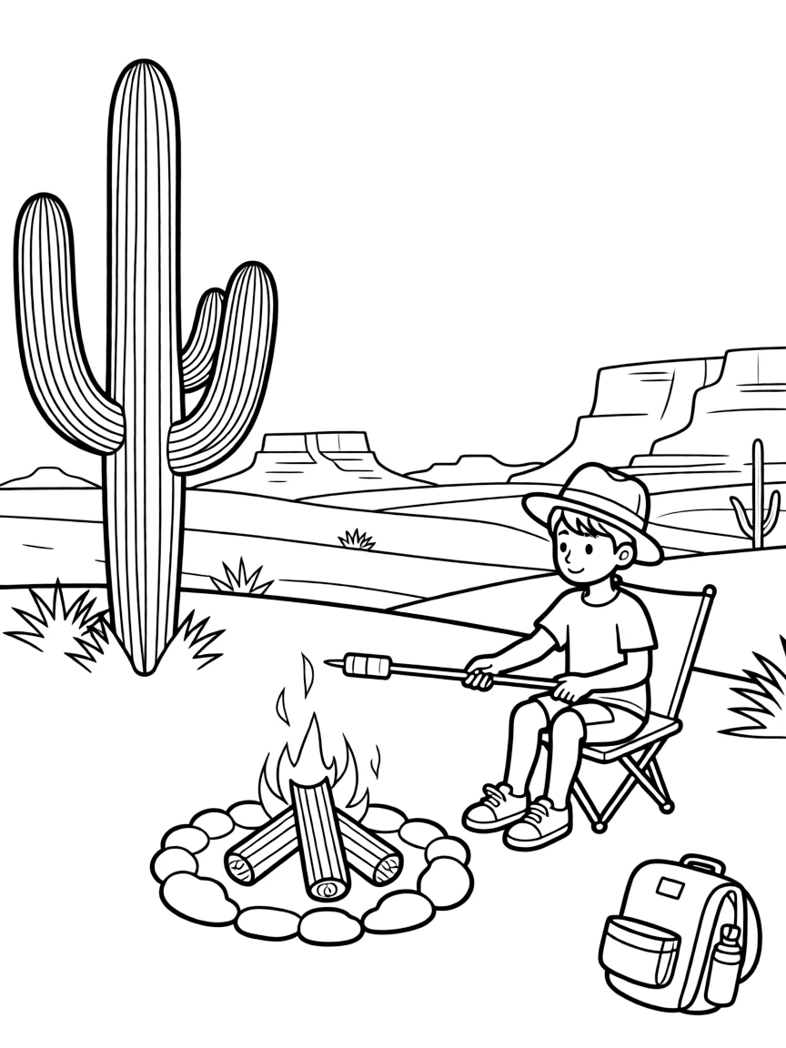 (Arizona) A child roasting marshmallows in a desert camp