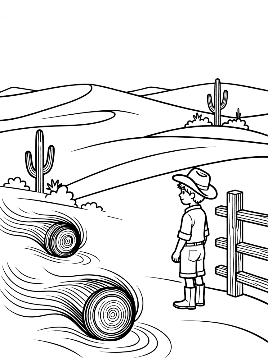 (Arizona) A desert scene with tumbleweeds blowing