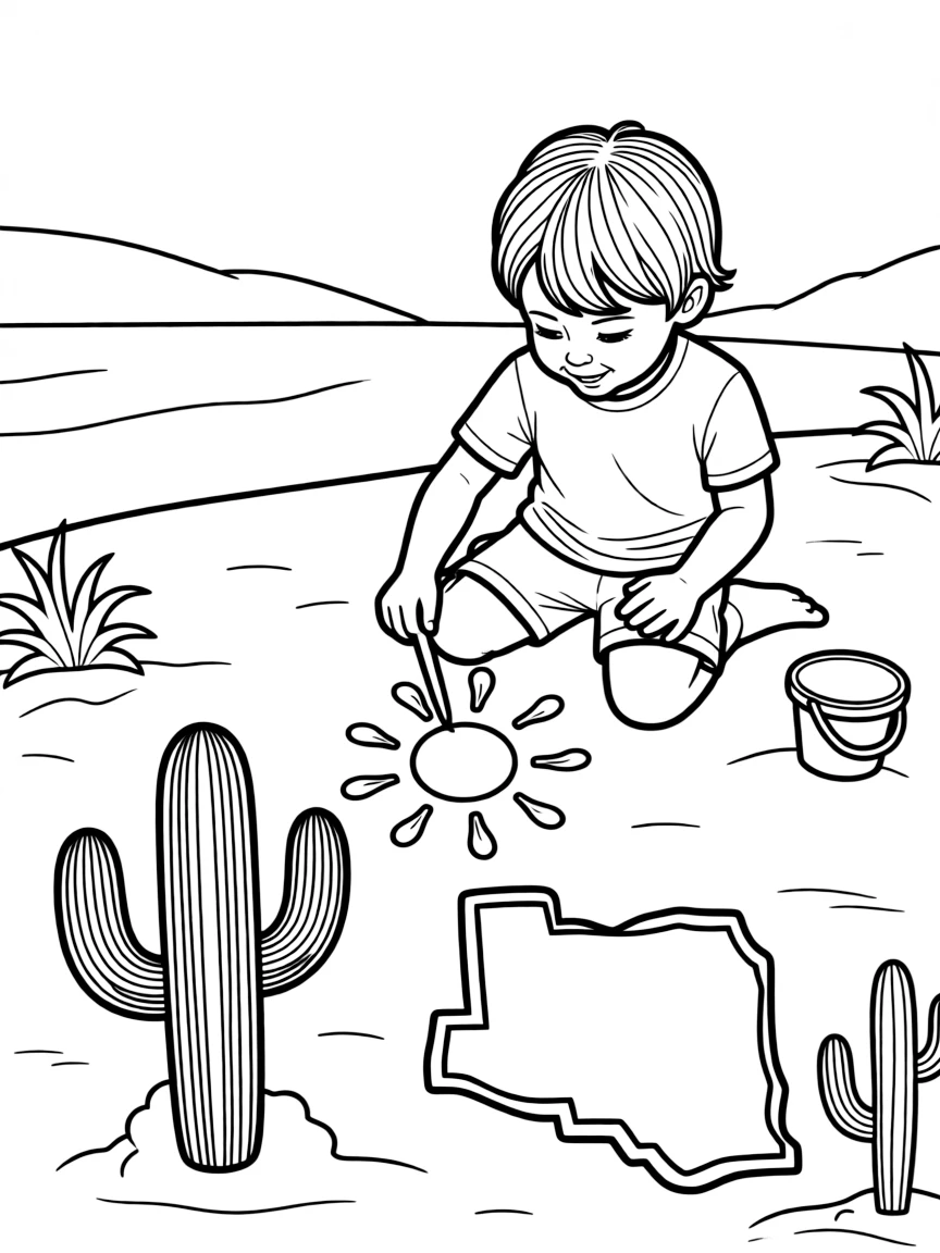 (Arizona) A child drawing Arizona symbols in the sand