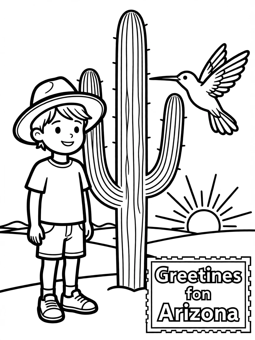 (Arizona) A hummingbird and cactus postcard design
